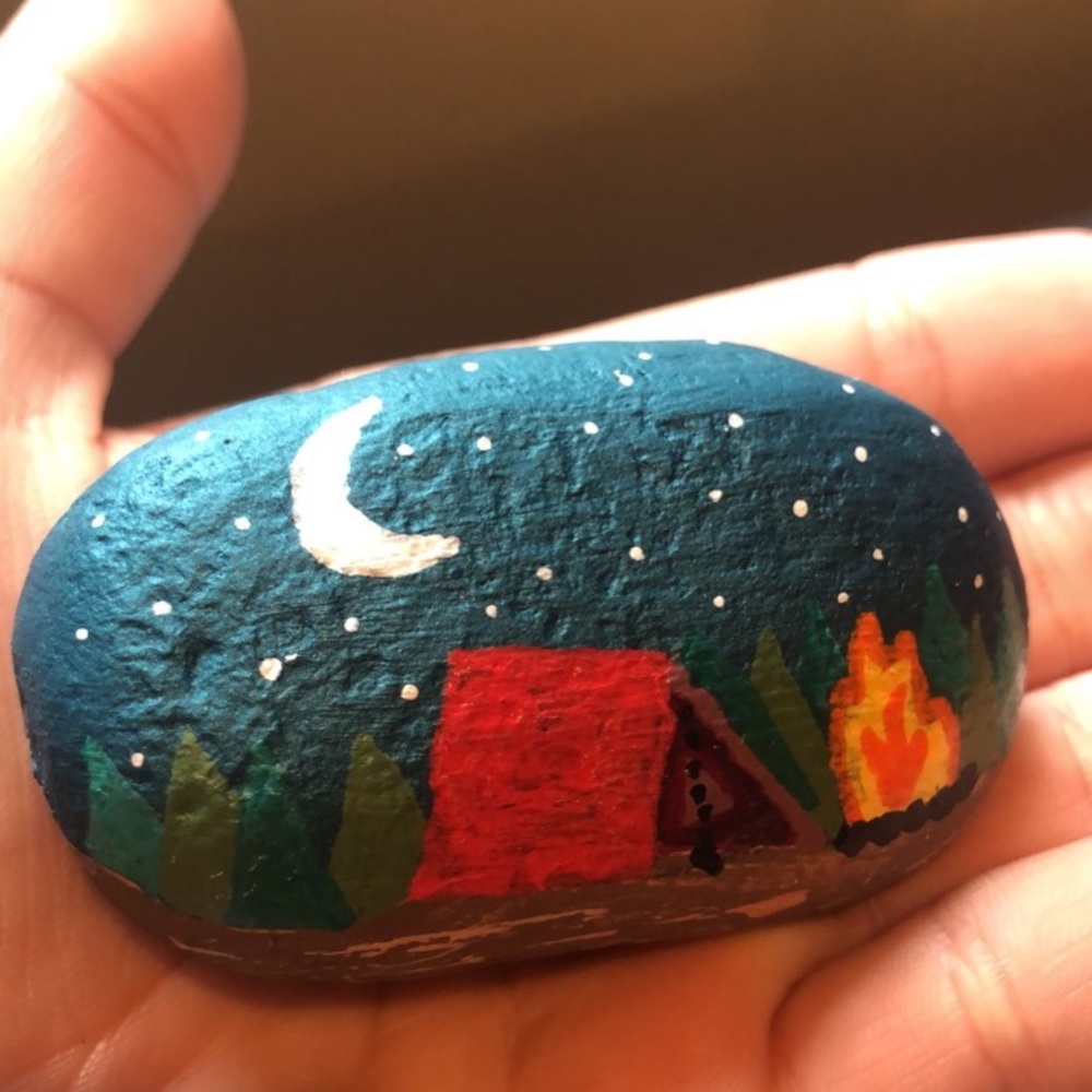 Camping with crescent moon scene Painted rock.